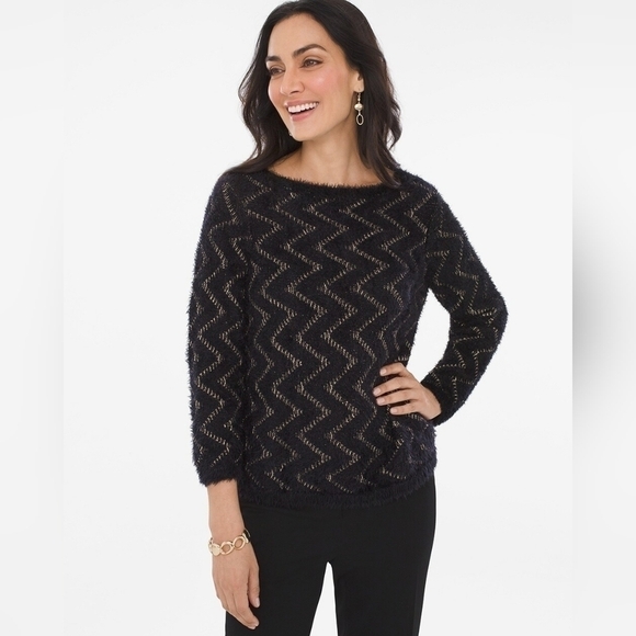 Chico's Zig-Zag Jacquard Fuzzy Pullover Sweater - Picture 2 of 14